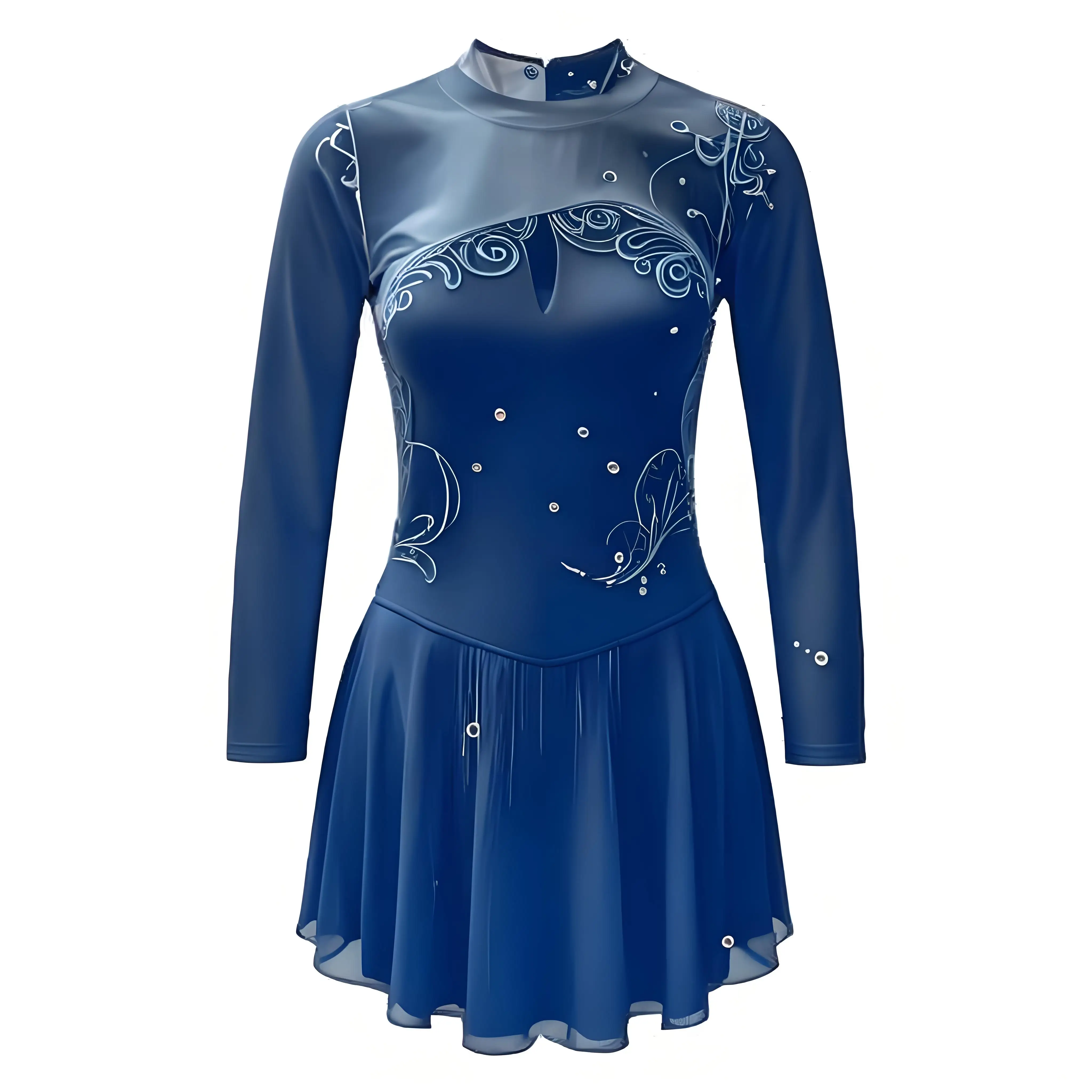 Vestido de gimnasia para niños, vestido de patinaje sobre hielo para niñas, mangas largas, cuello simulado, recortes de empalme de tul en la espalda, vestido de leotardo de Ballet y danza