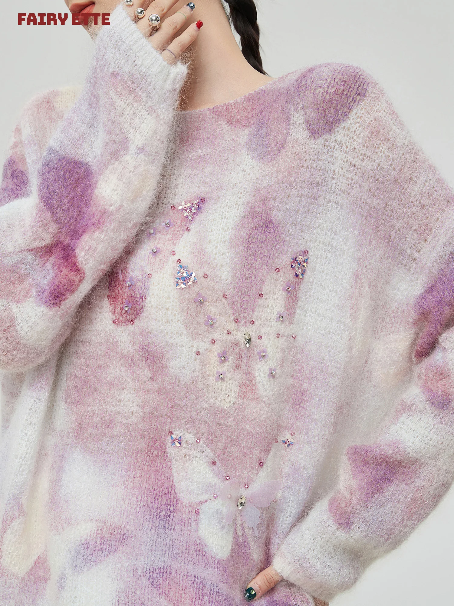 

Фиолетовый вязаный свитер с бисером и длинными рукавами, круглым вырезом, женский, для ранней осени, повседневный топ в стиле Aosphere