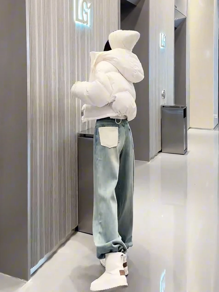 

High Waist Straight Leg Jeans Women's Double Pocket Patchwork Design Slim Wide Leg Pants Casual Long Trousers Denim Fabric