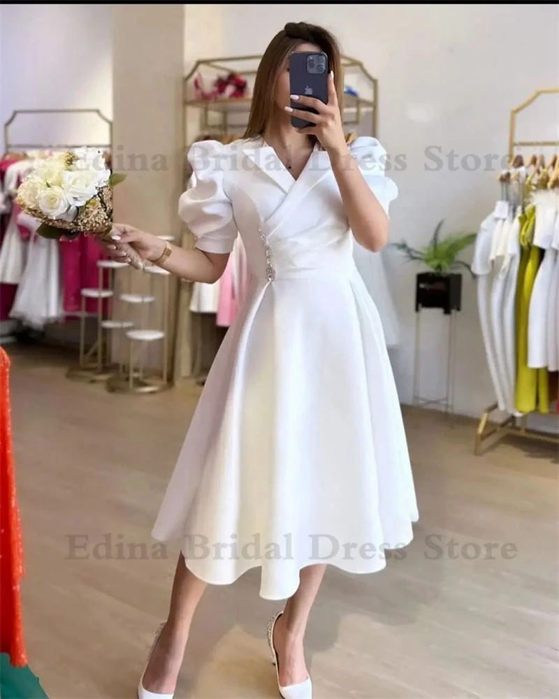 

Vintage Puffy Short Sleeve Prom Dresses for Women Eleagnt Tea-Length Saudi A-Line Formal Dress V-Neck Pleated فستان سهرة نسائي