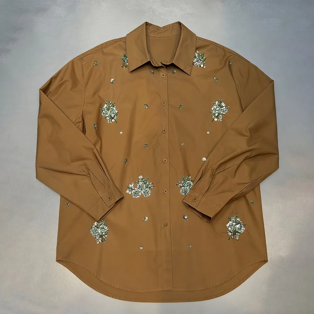 Chemise de luxe à strass pour femmes, chemisiers amples à manches longues et revers, chemises de bureau Chic et élégantes, Streetwear, printemps-automne, 2026
