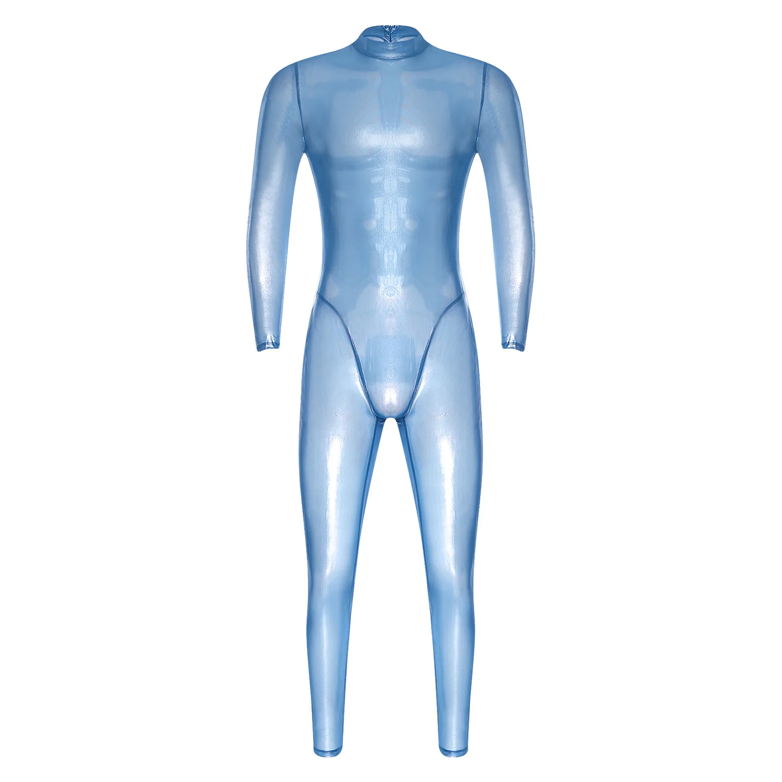 

Mens Metallic Shiny Full Body Unitard Long Sleeve Long Pants Back Zipper Catsuit Bodysuit Leggings Tights for Night Club Party