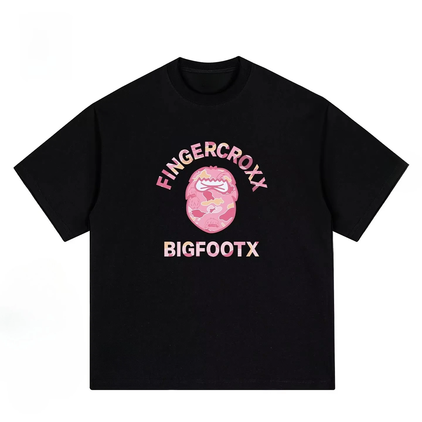 2026 Crew Neck Pink Camo Arched Letter & Cartoon Monster Head Graphic Front Print, Y2K Casual Cotton Unisex Streetwear Tee
