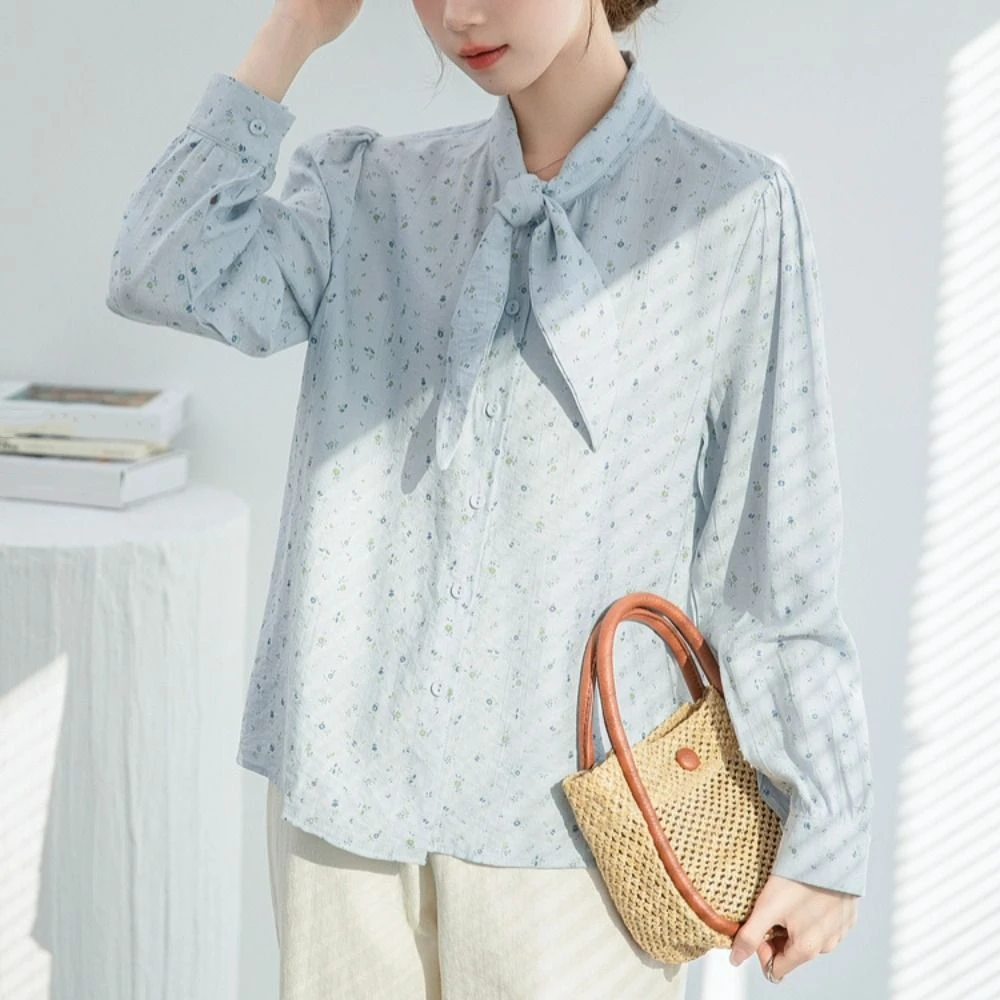 

Soft Sweet Blouses for Women Light Blue Bow Tie Floral Baggy Shirts Thin Chic Girls Top Ladies