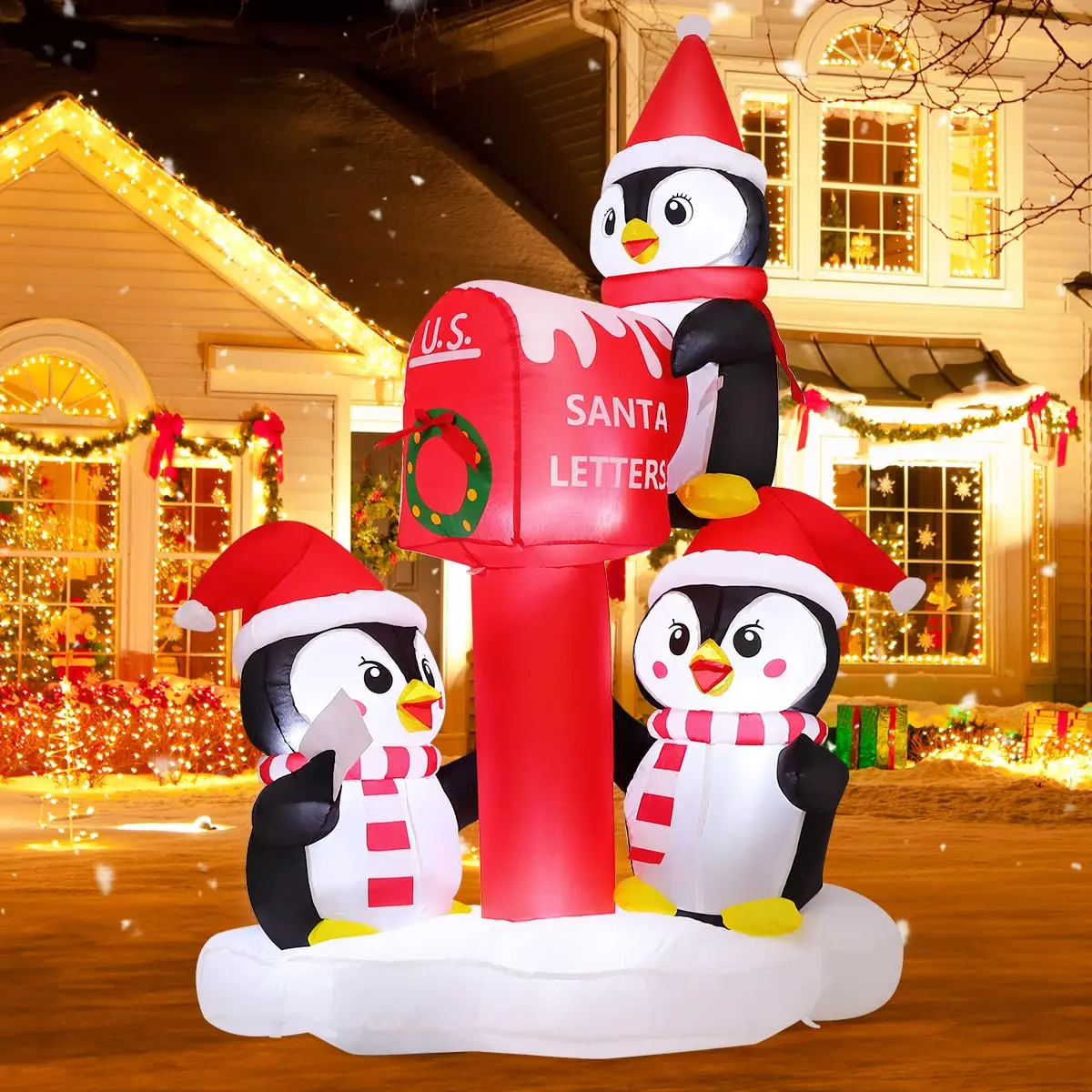 6.5 FT Hot Sale Christmas Inflatable Penguin LED Lights Penguin Blow up with Santa Letter Box Outdoor Christmas Decorations