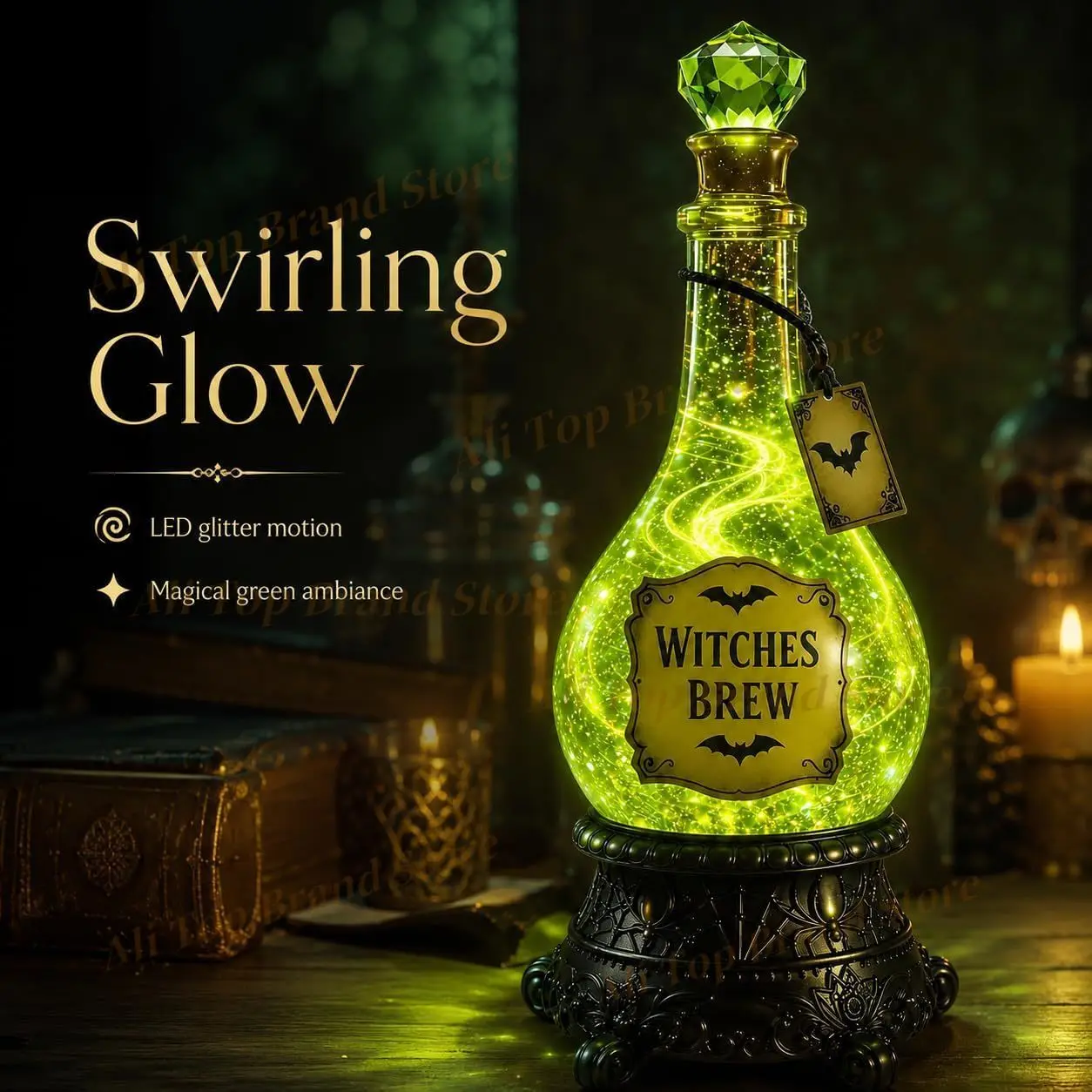 Halloween Glitter Globe Lamp – Swirling Sparkle, Spooky Apothecary Tabletop Decoration for Gothic Mantel, Shelf, Party Display