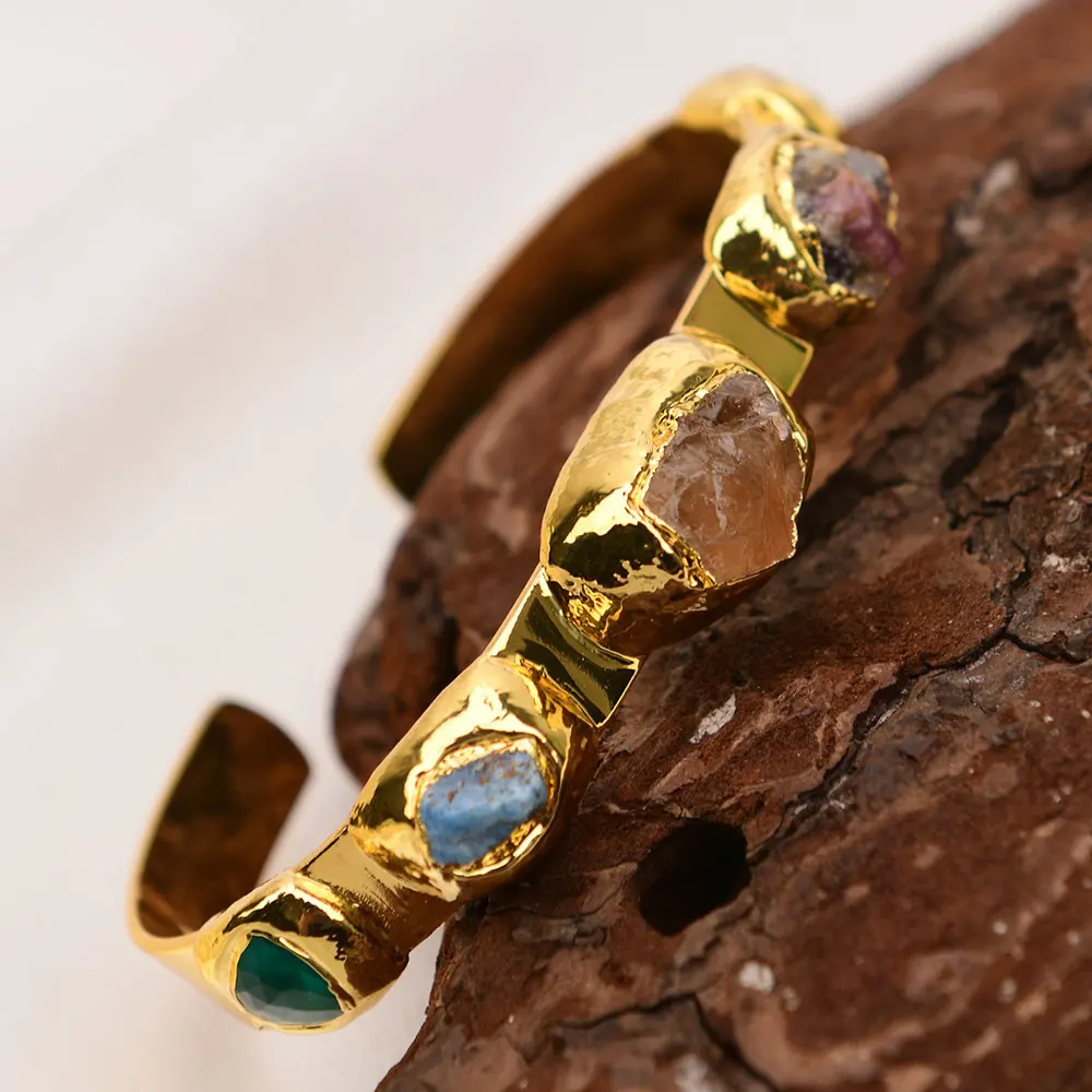 GG Natural Stone Multi Gems Apatite Tourmaline Citrine Bangle Handmade Cuff Bracelet