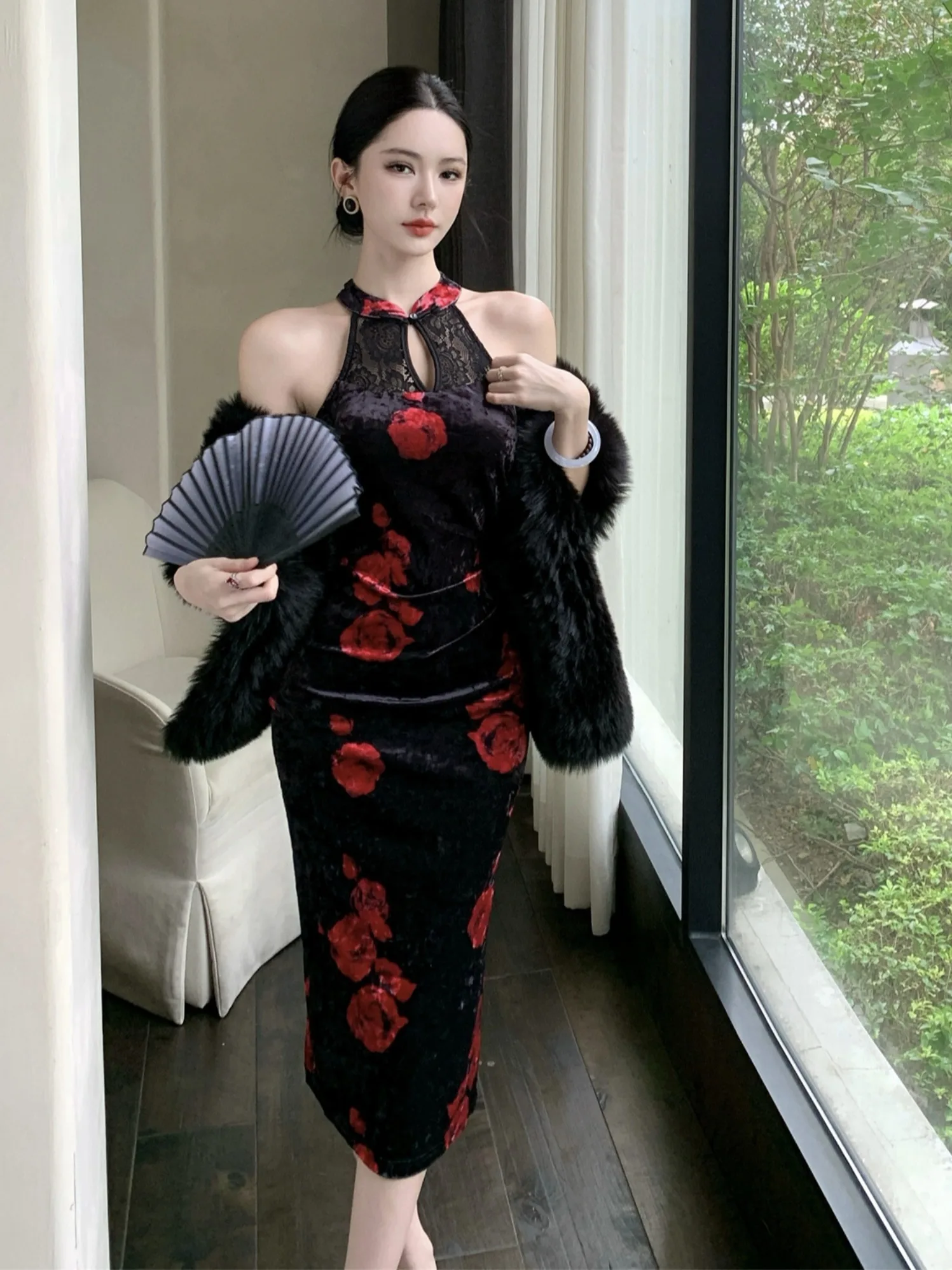 

Slimming Velvet Dr Sexy Hollow out Lace Patchwork Ne Hanging Qipao Sle mid Length Floral Print Casual Vintage Women's ...