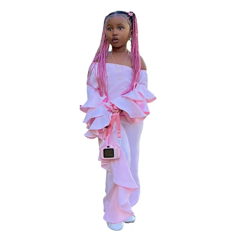 1-8Y set di abbigliamento per bambini per ragazze camicia a maniche lunghe con spalle scoperte rosa + pantaloni arruffati abbigliamento autunnale