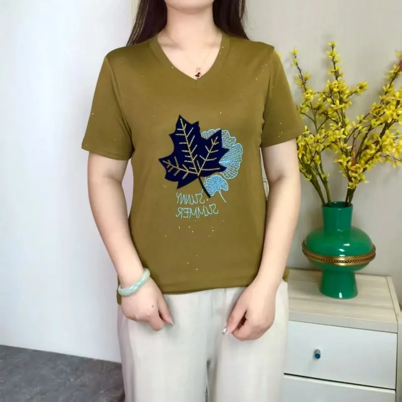 Fashion Mom T Shirt Rhinestone Maple Le Print V Neck Loose Plus Size Short Sleeve Summer Casual Top