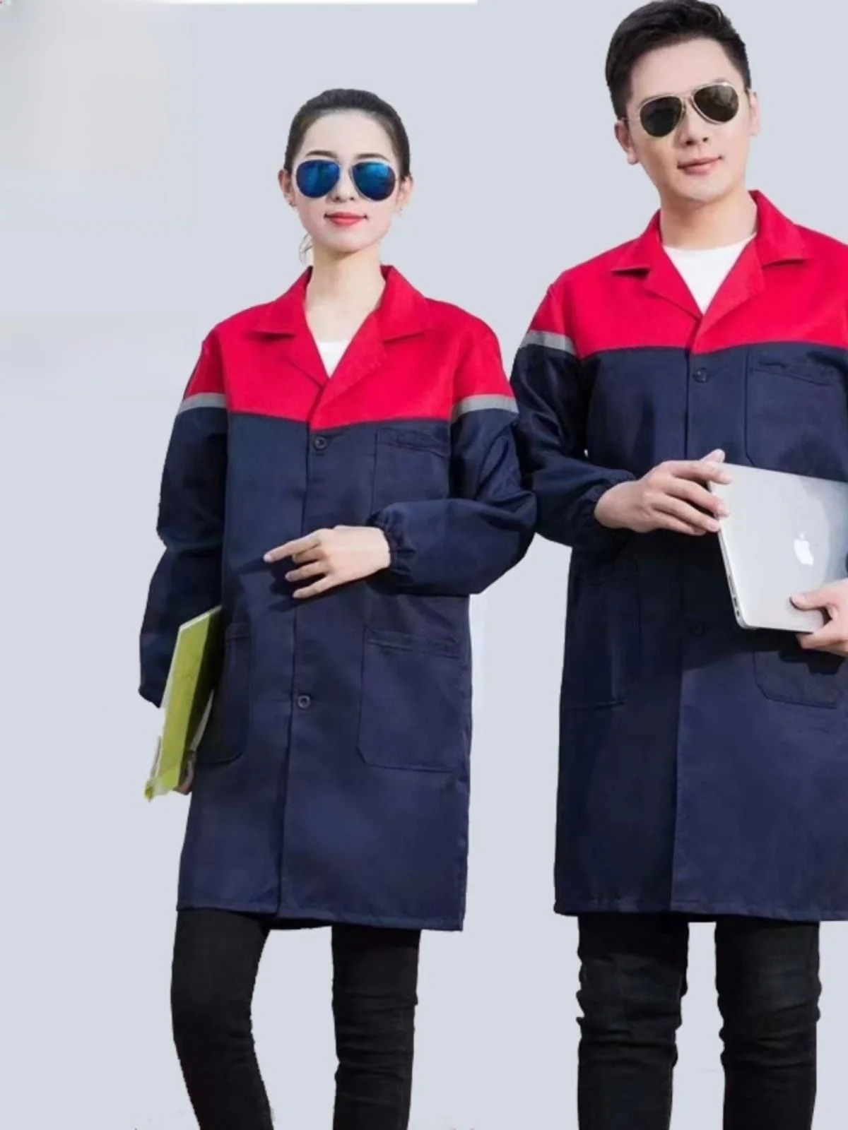 

Синяя рабочая спецодежда с длинными рукавами, светоотражающими полосами и нашивками на плечах, летняя, для ремонтных работ, защитная, износостойкая, длинный халат.