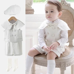 Abiti da ragazzo bianchi Moda formale Battesimo Abito da festa Gilet scialle Pantaloncini cappello Set da 4 pezzi Abiti Set di abbigliamento per boutique di compleanno per bambini