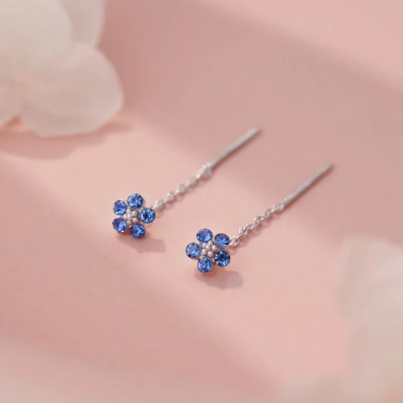 

PANJBJ 100% 925 Sterling Silver Blue Zircon Earring for Women Flower Fashion Tassels Line Design Jewelry Gift Dropshipping