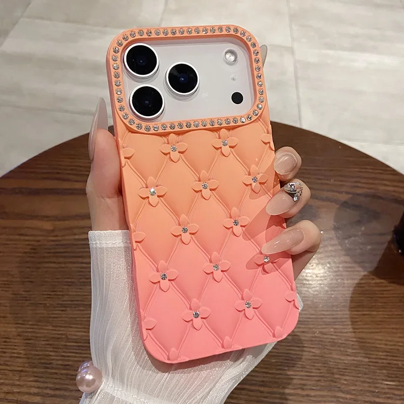 

Luxury Glitter Rhinestone 6D Flowers Case for IPhone 17 Pro Max 11 12 13 14 15 16 Gradient Color Soft Silicone Shockproof Cover