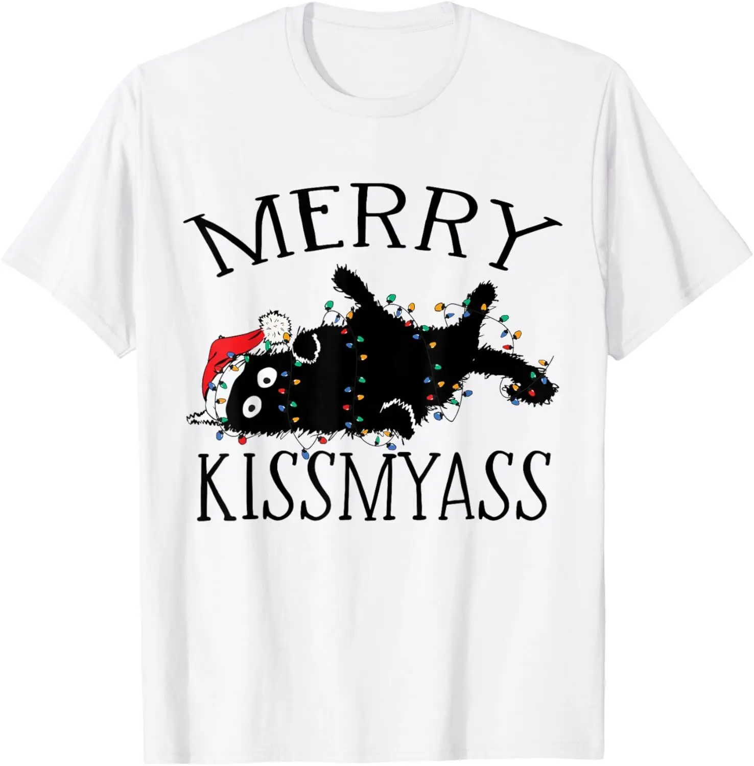 Merry KissMyAss Funny Christmas Cat Tangled in Lights T-Shirt S-3XL