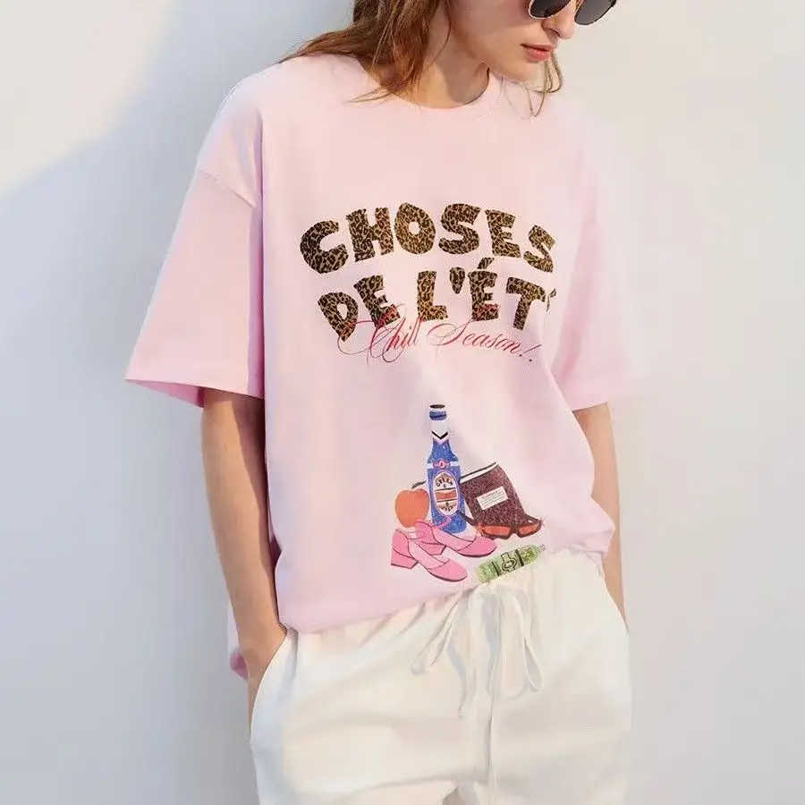 French fashion Relaxation Season Summer Element Pattern Printed pink pure cotton sweet young women's t shirt casual vacation top
