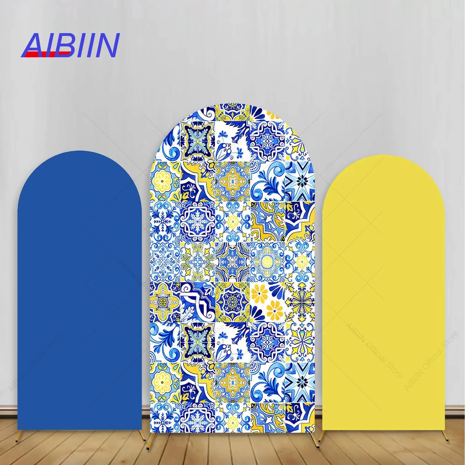 Bridal Shower Wedding Arch Backdrop Cover Blue Yellow Tiles Birthday Baby Shower Party Decor Background Cake Portrait Photozone