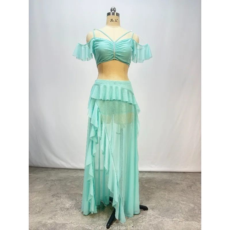 تخصيص بدلة الرقص الشرقي ممارسة DressHot الماس غزل الماء الدانتيل فستان طويل الإحساس أداء فستان مجموعة للنساء 2 قطعة