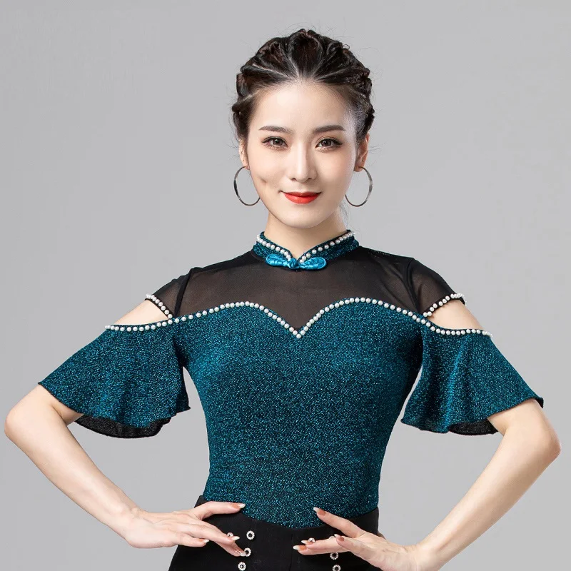 

X125 Latin Dance Jacket Lotus Leaf Sleeve Latin Dance Blouse Ballroom Dance Top Tango Rumba Latin Dance Top Rhinestones Shirt