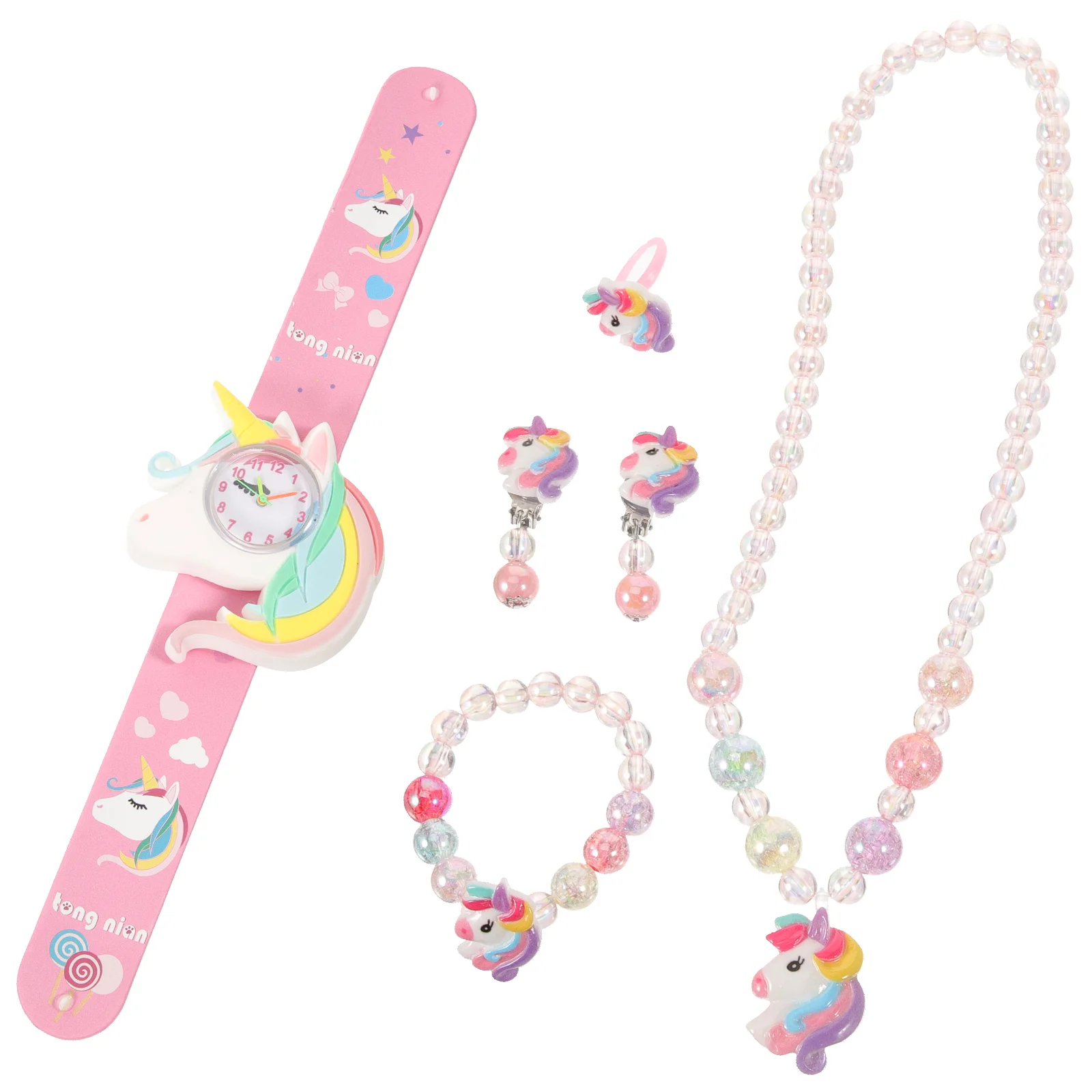 Fashionable Unicorn Cute Silicone Snap Ring + Bracelet Necklace Earrings Set Digital Watch Girl Little Gifts