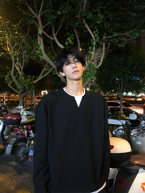

Bla Thiened Long Sve V-Ne Hoodie Men's Inner Wear American Sle Youth Faion Autumn Winter Cotton Polyester T-irt