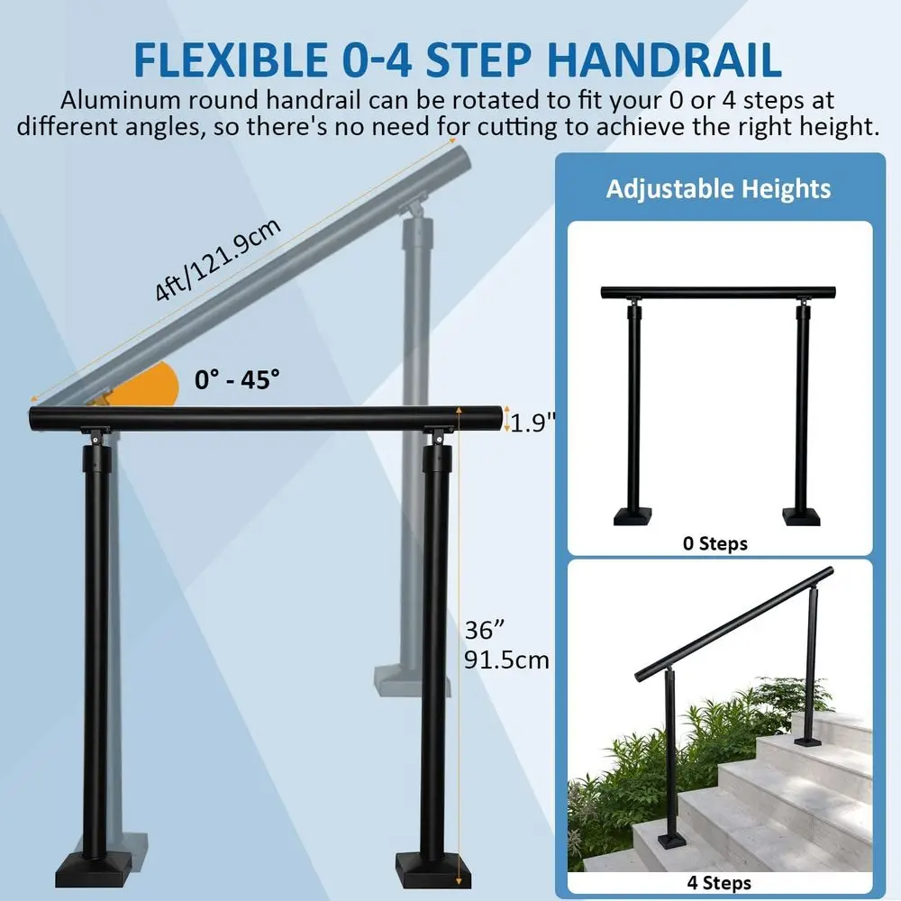 درابزين دائري من الألومنيوم للخطوات والسلالم - تحميل 800 رطل، مجموعة 0-4 خطوات، الشرفة والسطح (أسود محكم، 4 أقدام)