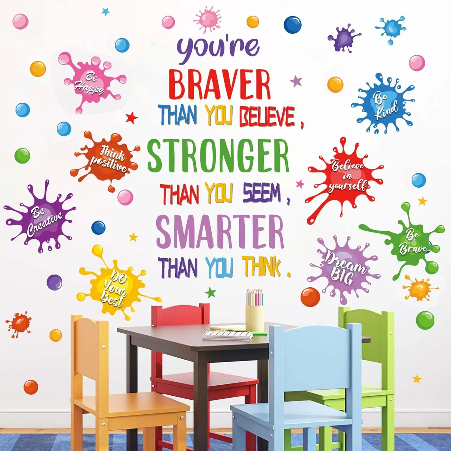 Large Colorful Inspirational Quotes Wall Stickers Paint Splatter Motivational Brave Smart Strong Wall Decals Classroom Kids Room