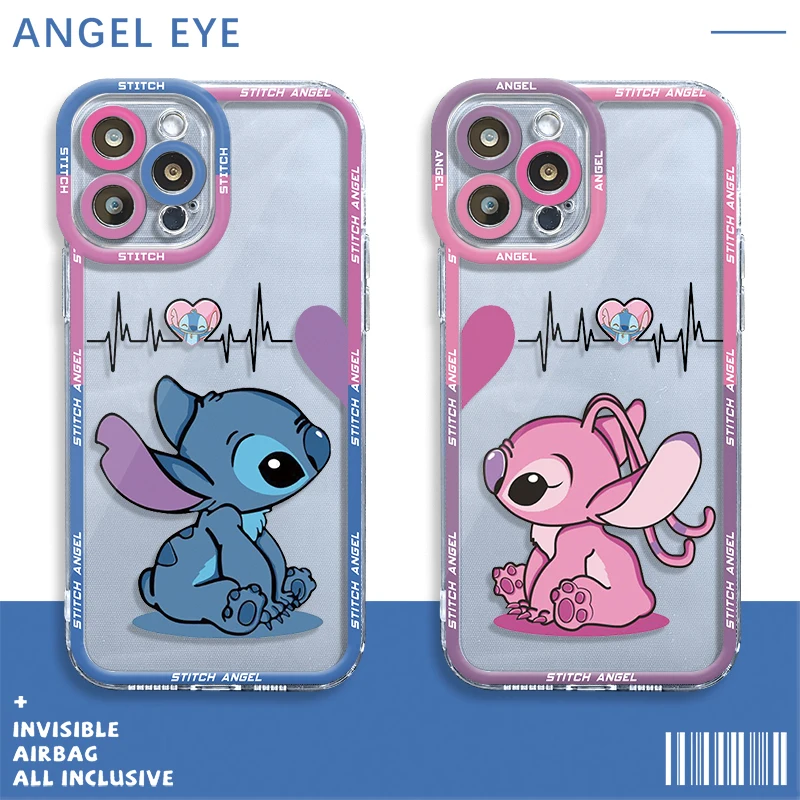 Disney Love Couple Angel Stitch Clear Case For Apple iPhone 15 14 13 12 11 Pro Max 13 12 Mini XS Max XR X 7 8 6 6S Plus Cover