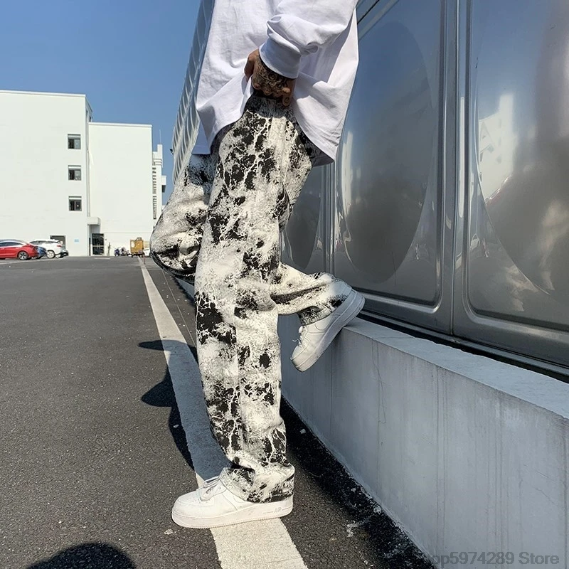 

Jean mens straight casual denim pants Unisex Printed jeans Korean Style High Street Loose Hip Hop Denim man trousers