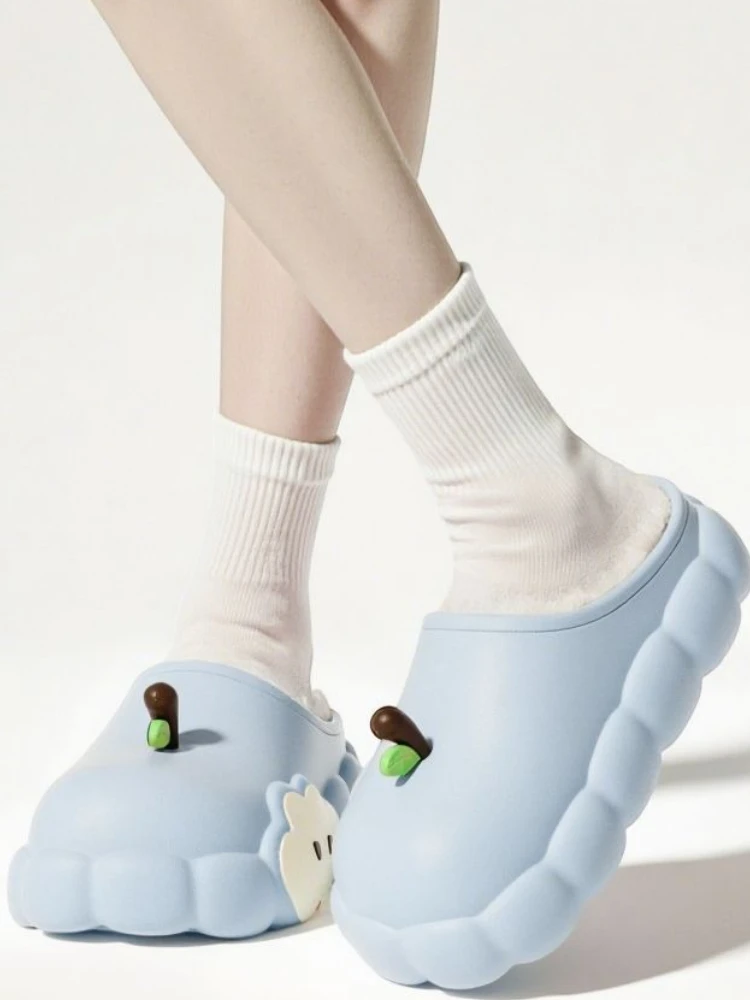 

Women's Winter 2025 New Cotton Slippers Blue Apple Design Fleece Lined Indoor Slip Resistant Thick Sole Outdoor Wearable