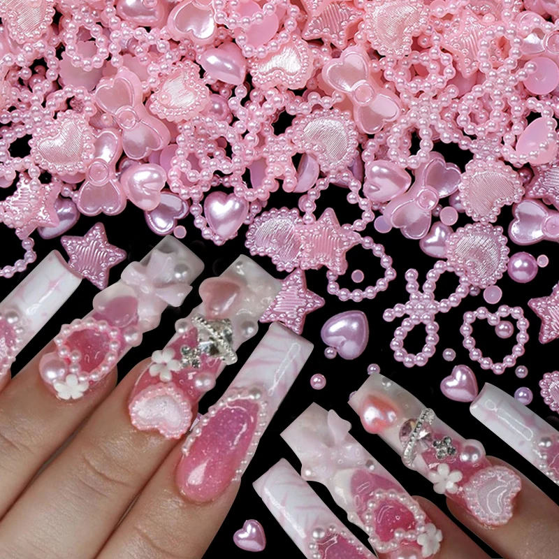 50 Stücke Perle Rosa Schleife Herzförmige Gemischte Nageldekorationen Kawaii Nail art Charms Stern Schmetterling DIY Nagelzubehör