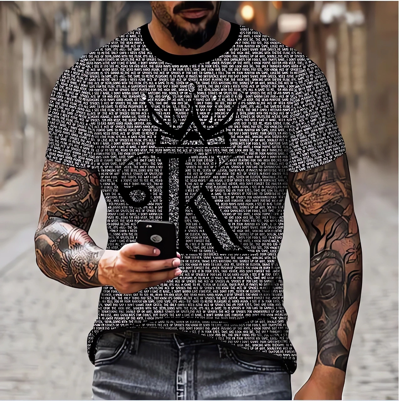 3D printed king pattern plus size men's round neck casual top T-shirt