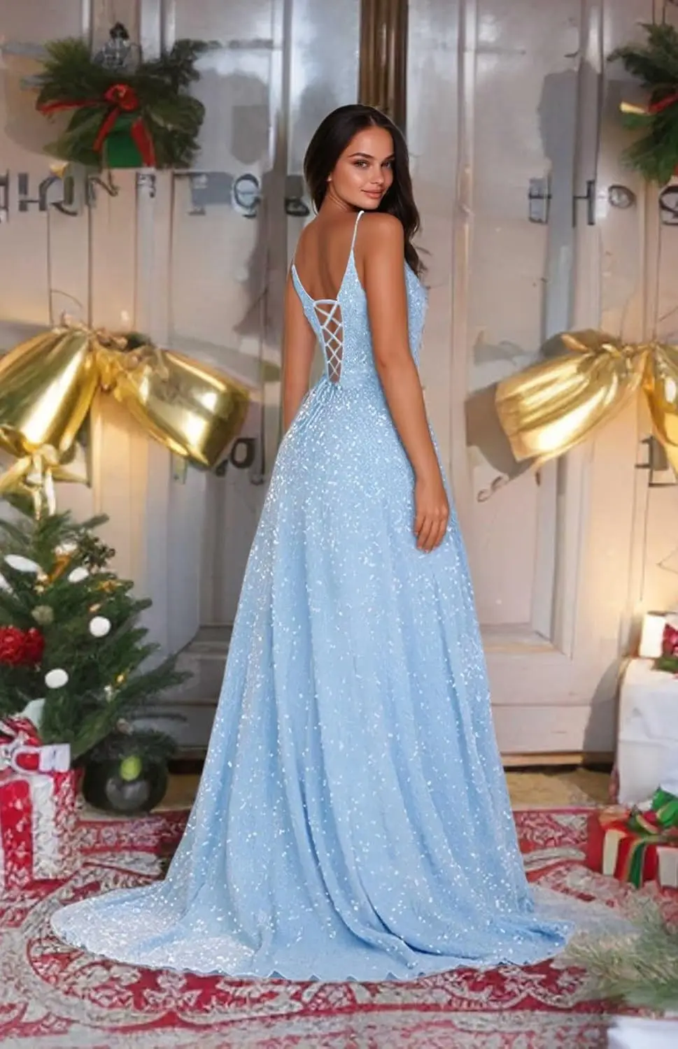 فساتين لحضور الحفلات الموسيقية بالترتر 2026 فستاين سهرة/فساتين الحفلات طويلة سباركلي أشرطة سباغيتي على شكل حرف a فستان رسمي للحفلات المسائية مع جيوب