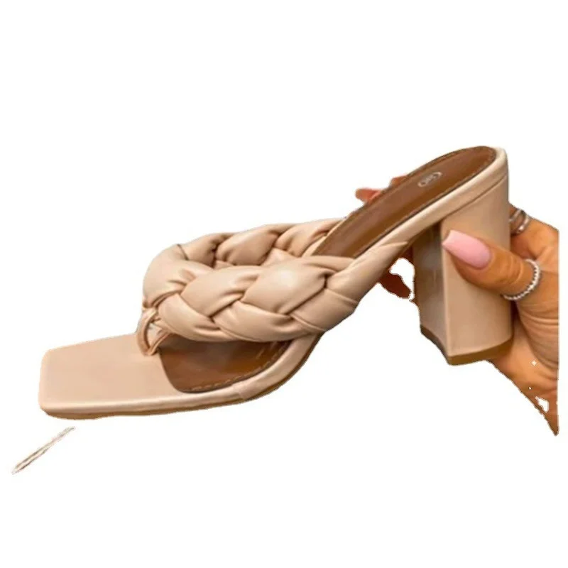 2022 New Women Weave Sandals Square Open Toe Summer Slippers Designer Beach Slides Shoes Plus Size 43 Lady Sandalias Female