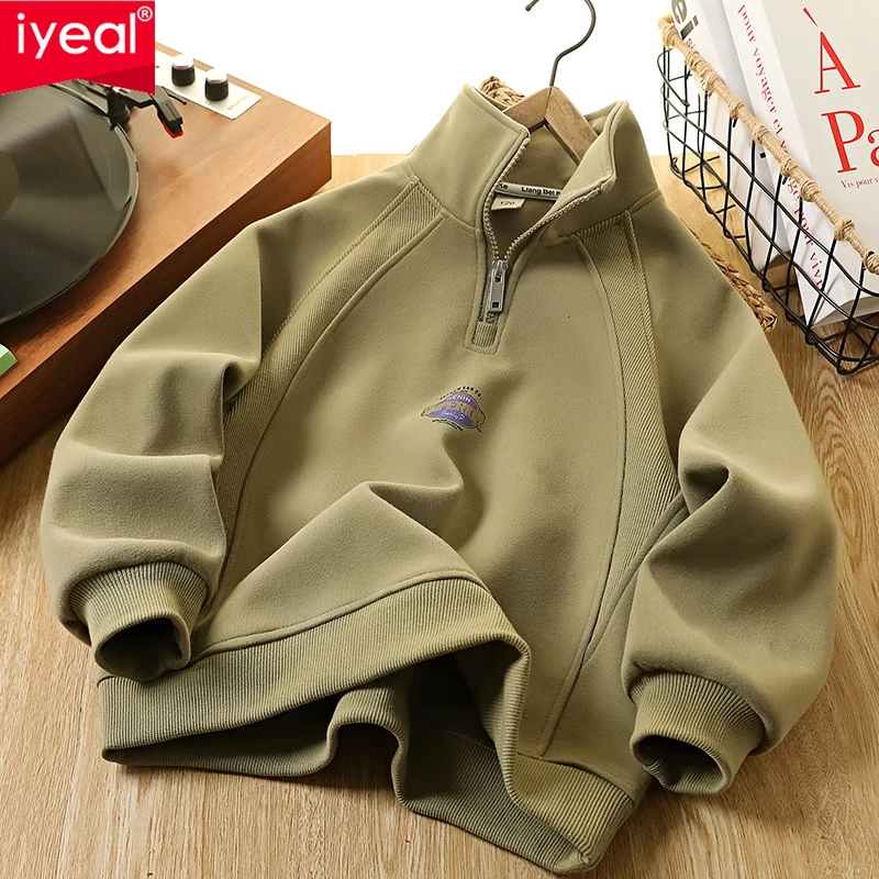 

IYEAL толстовка с отложным воротником для мальчиков, весенне-осенняя новая детская одежда, топ, детский пуловер с длинными рукавами на полумолнии