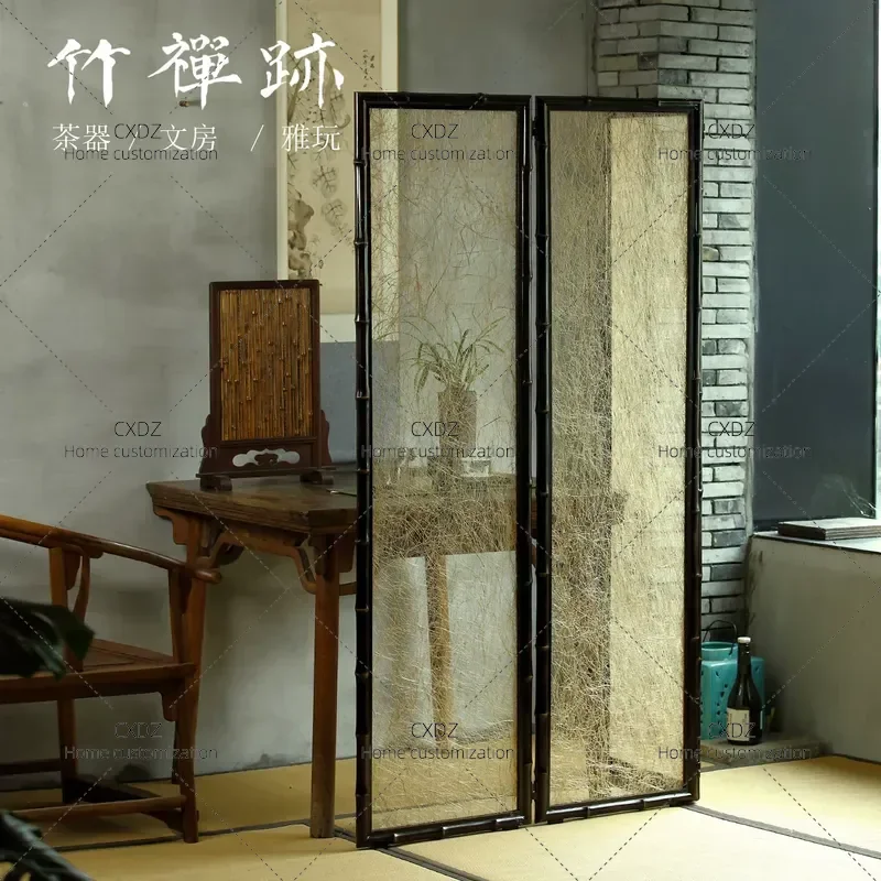 Red Bamboo Screen Partition Folding Mobile Light Luxury Removable Banana and Hemp Shading Curtain New Chinese Style Room