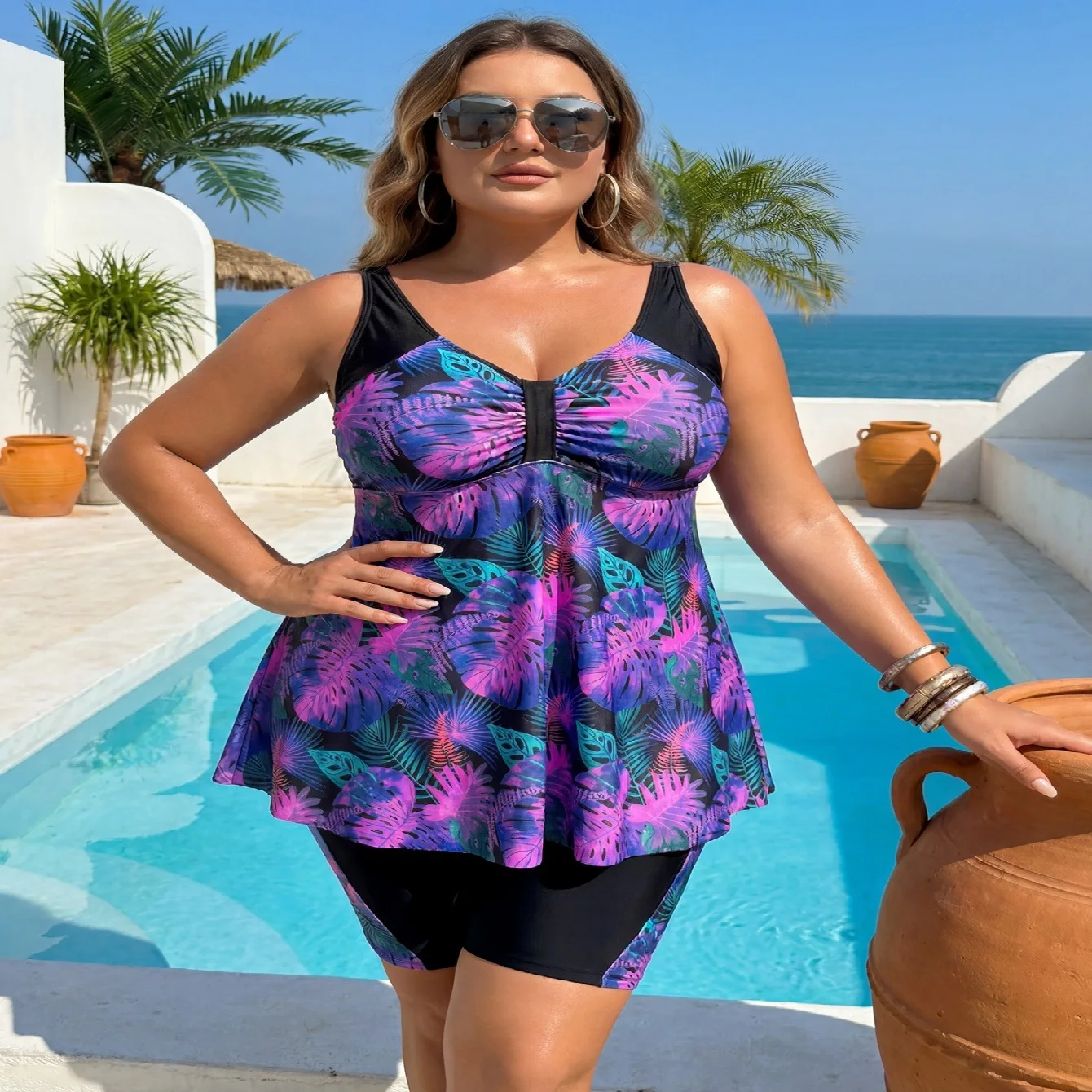 New Printed Plus Size Swimsear Women Tankini Swimsuit Large Swimdress Bathing Swimming Suit for Women