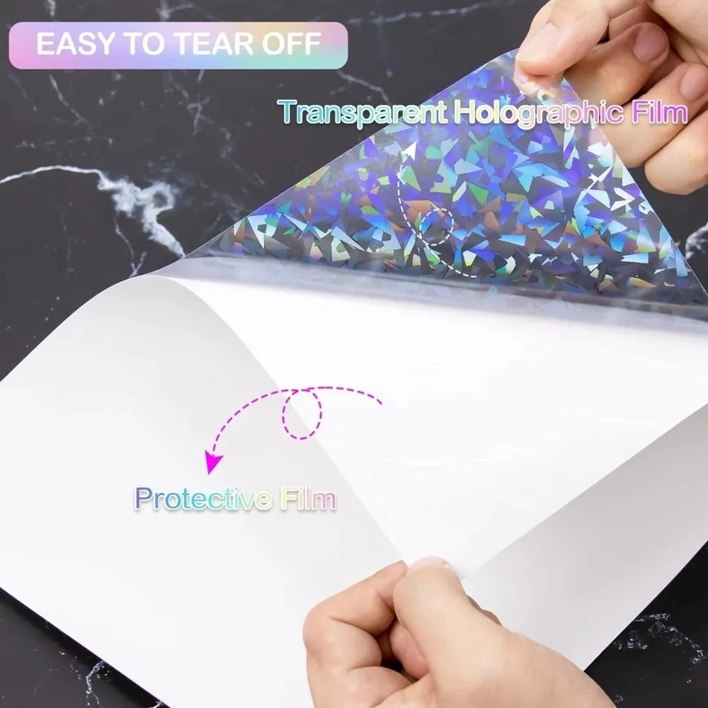 5Pcs A4 Holographic Lamination Film Waterproof Transparent Self Adhesive Sticker Sheet Laser Heart Stars Glitter Overlay Film