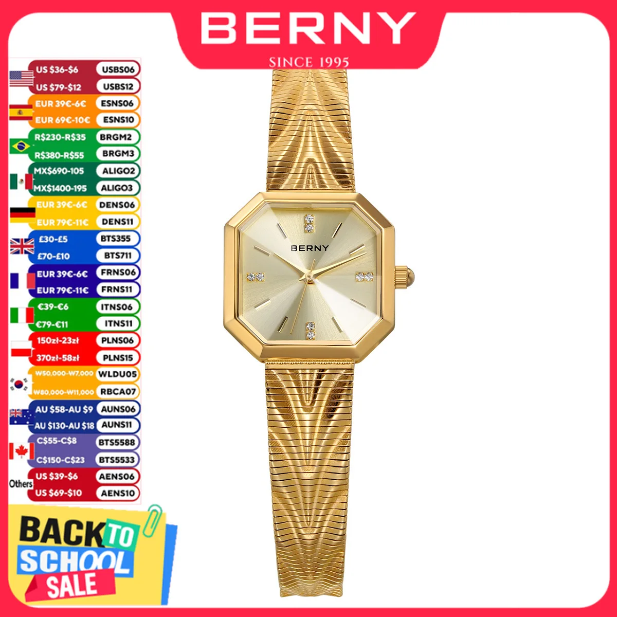 BERNY Golduhr für Damen, achteckige Damen-Quarz-Armbanduhr, Edelstahl, kleine Golduhr, luxuriöse Modeuhren