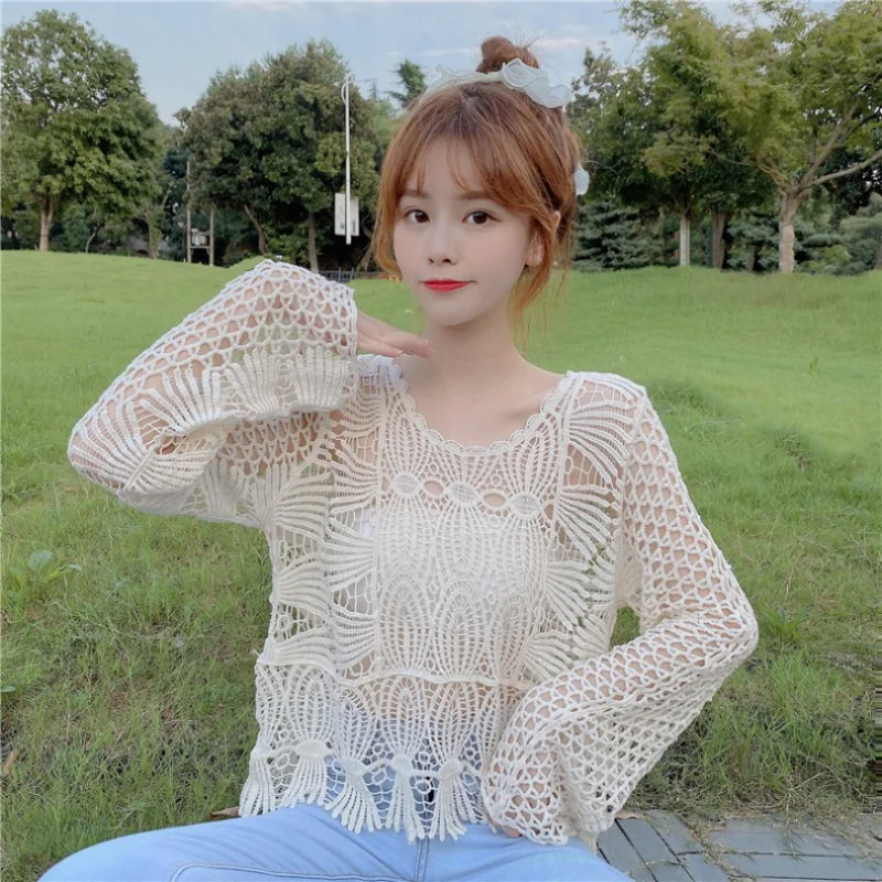 

2024 Autumn New Short-Sleeved Knitwear Women's Crocheted Hollow-out Cotton Top