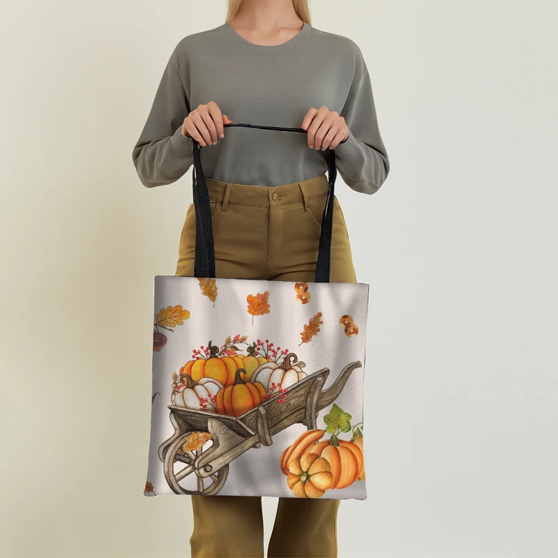 Thanksgiving Day Print Tote Bags Maple Leaf Pumpkin Canvas Shoulder Bags Women Casual Totes Reusable Shopper Bag Beach Bag