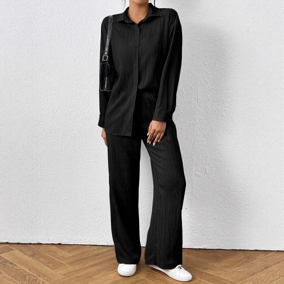 Womens Fall Clothes 2025 Solid Color Lapel Button Long-sleeved Shirt + Elastic Waist Wide-leg Trousers Loose 2 Piece Set Outfit