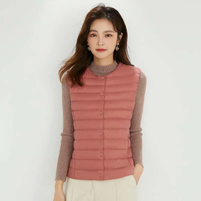 Gilets en duvet de canard ultralégers pour femmes, gilets à simple boutonnage, manteau en émail gonflé portable pour dames, automne et hiver, 2024 fibres, 0-10 ℃