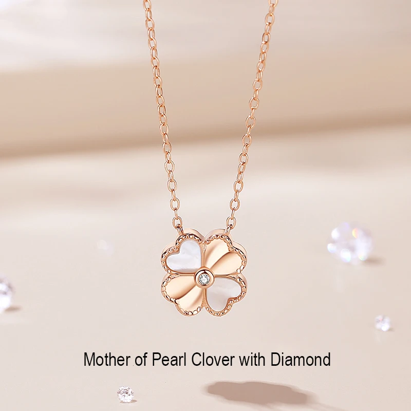 Four Leaf Clover Necklace 925 Sterling Silver Real Diamond Mother of Pearl White Gold Color Clover Necklace Luxury Fine Jewelry