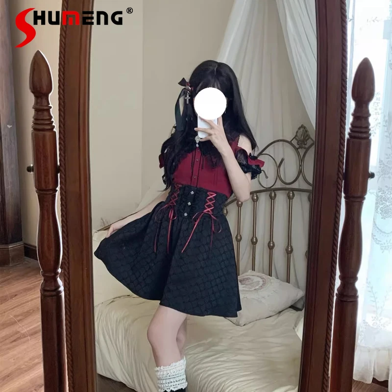 

Japanese Mine Mass-Produced Sweet Skirt Shirt 2-Piece Set Summer New Girl's Cute Bow Slim Fit Elegant Top Skirt Lolita Outfits