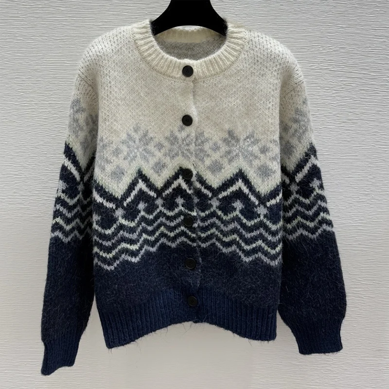 

Высококачественный женский непринужденный жаккардовый вязаный кардиган в скандинавском стиле в стиле ретро, свитер из смеси мохера и шерсти 25102897