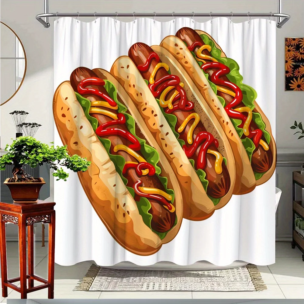 Funny Hot Dog Shower Curtain, 3D Fast Food Sausage Print Waterproof Bathroom Decor, Cute Cartoon Kitchen Home Bath Screen