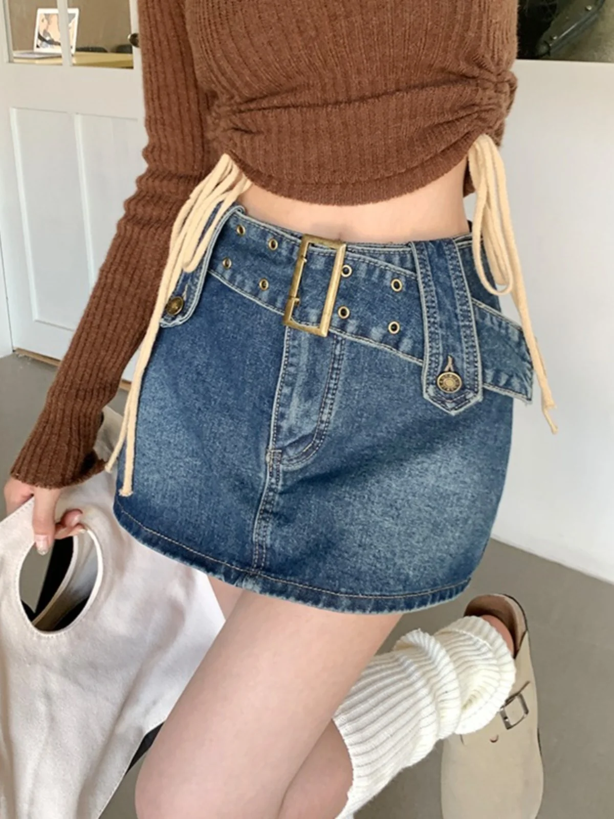 

Юбка А-силуэта с высокой талией, женская джинсовая юбка средней длины, скрывающая живот, с эффектом похудения, летняя, больших размеров, короткие юбки