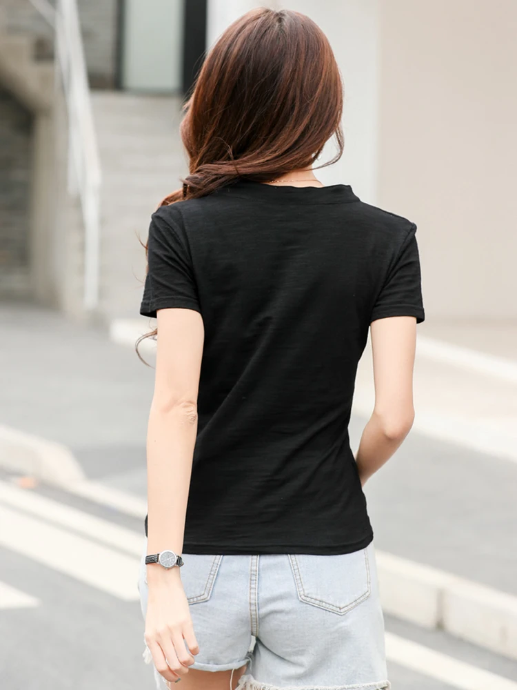 2026 Sommer Bambus-Baumwoll-T-Shirt für Damen, V-Ausschnitt, Weiche T-Shirts, Klassische Mode, Größen S-3XL, Damen-Oberteile – Detail 4