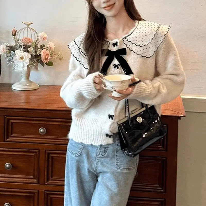 Lace Polka Dot Doll Collar Cardigan Women\'s Clothing Sweet Bow Autumn Winter New Loose Knitted Solid Color Basic Casual Sweaters